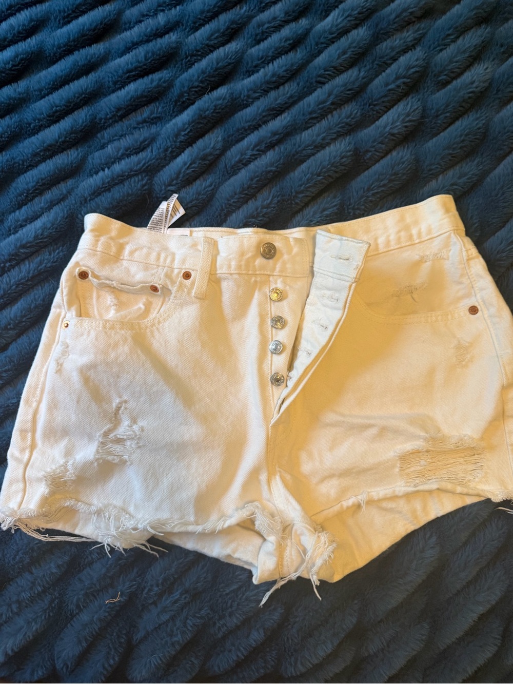 Levi's White Distressed Button-Fly Denim Shorts